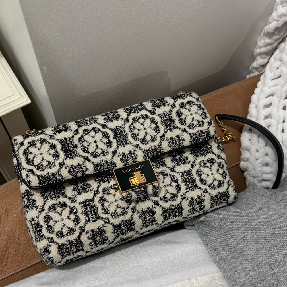 Kate Spade Tweed Evelyn Spade Flower Monogram Medium Convertible Shoulder Bag